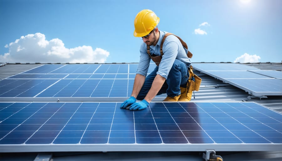 Professional solar technician installing solar panels while wearing safety harness and protective gear
