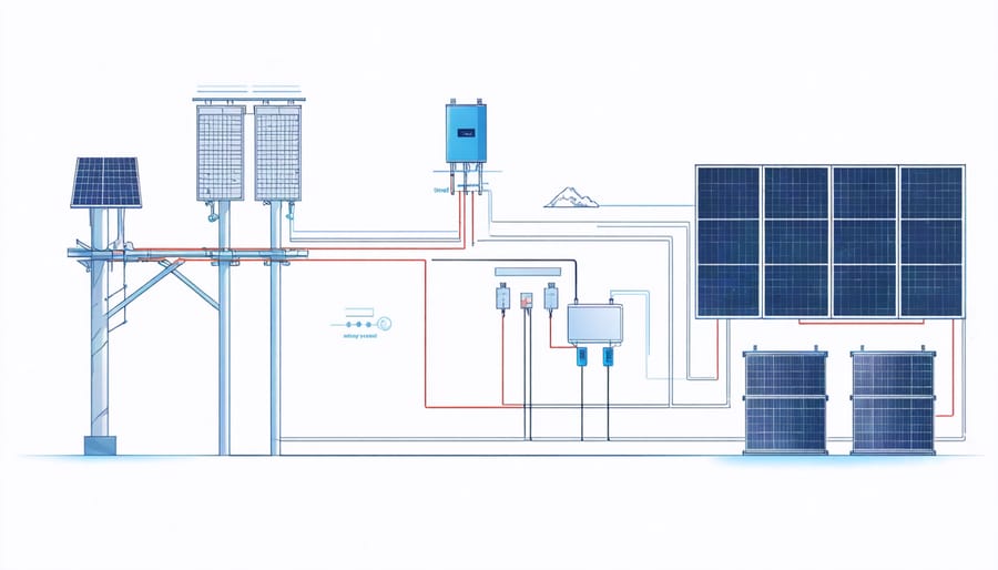System integration diagram of solar panels, battery storage, and grid infrastructure