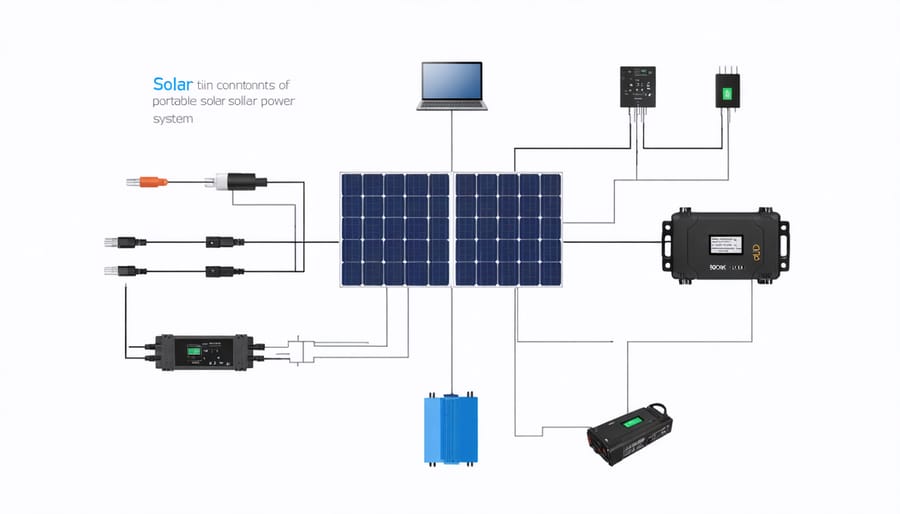 Diagram illustrating key components of a portable solar power system for e-bikes