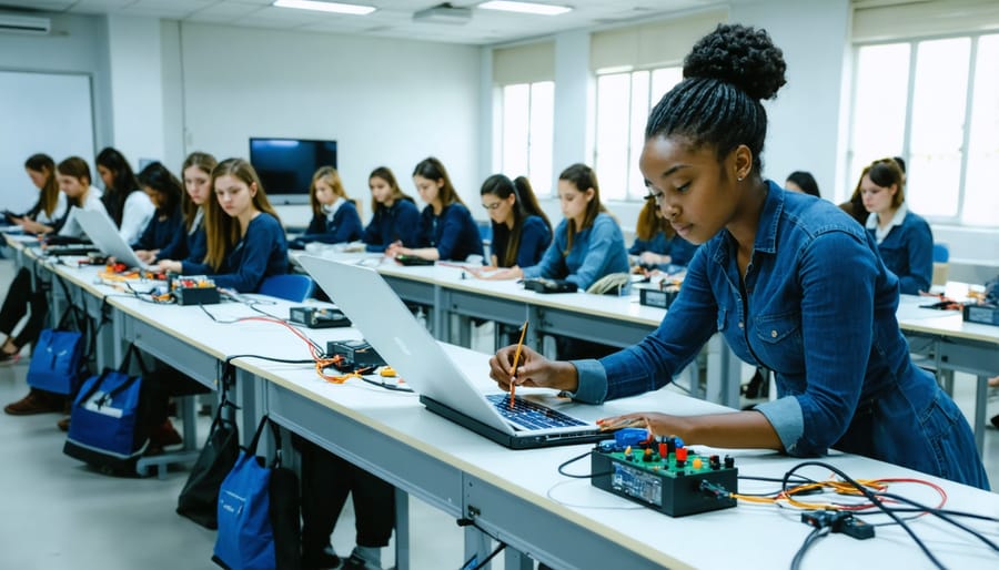 Group of students learning solar installation techniques in hands-on training environment