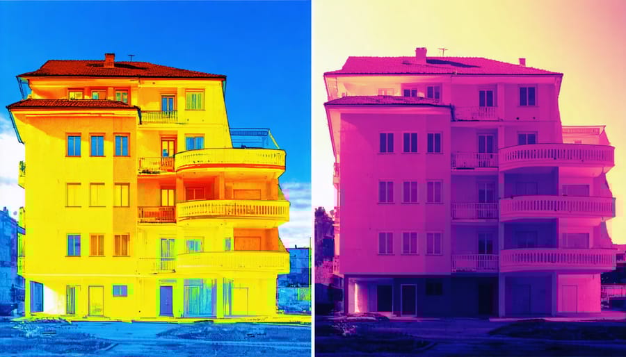 Split-screen thermal images showing dramatic reduction in heat loss after deep energy retrofit implementation