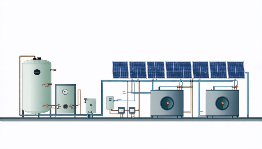 Schematic diagram of a residential thermal energy storage system with solar thermal collectors and storage tanks