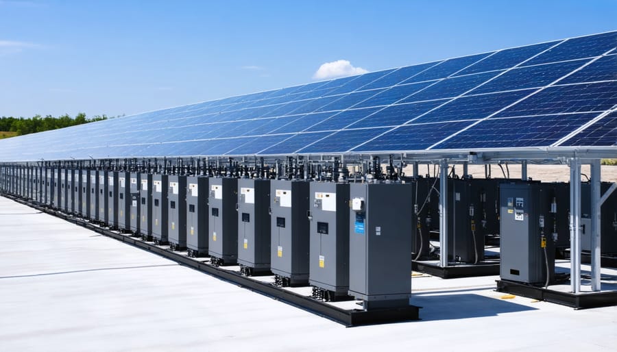 Modern utility-scale battery storage installation connected to solar array