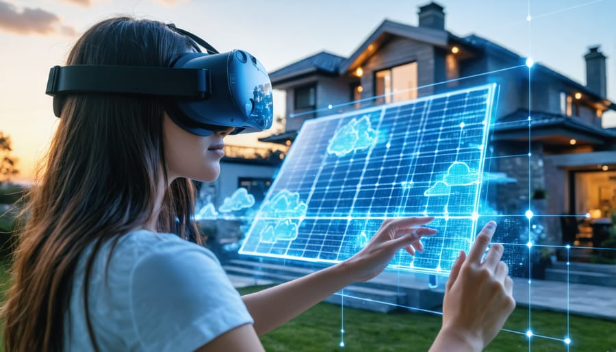 Customer using 9D VR technology to customize solar panel placement on virtual house model