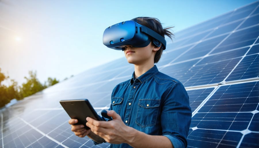 Solar technician using virtual reality simulation for installation training