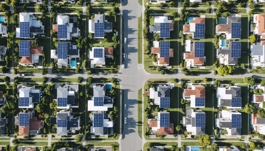 Bird's eye view of a connected community showing solar panels on rooftops and smart grid integration points