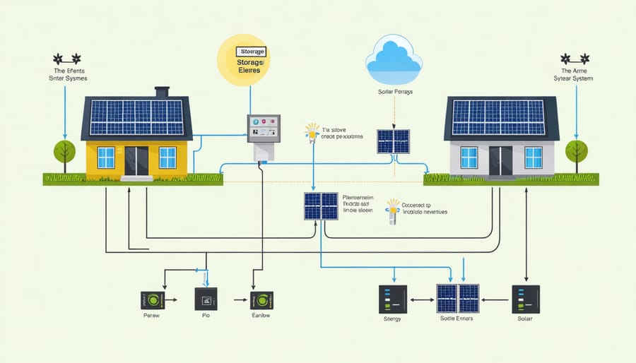Infographic depicting energy sharing network components and connections within a community