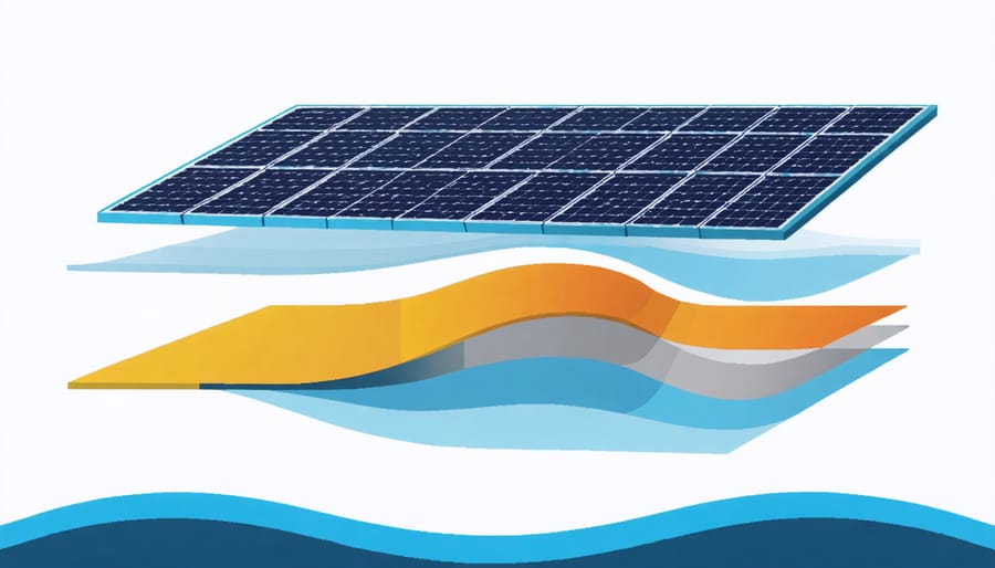 Technical illustration of flexible solar panel layers including photovoltaic material, conductive substrate, and protective coating
