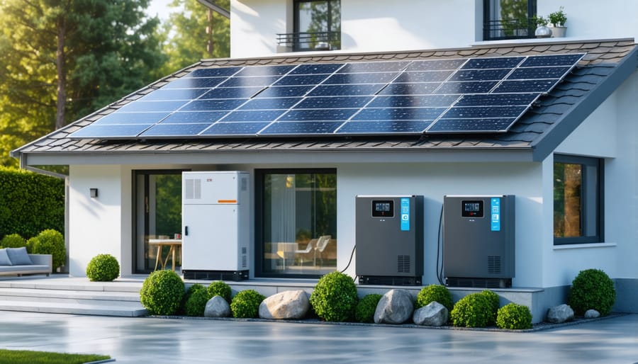 Residential battery storage system mounted on wall with smart monitoring interface