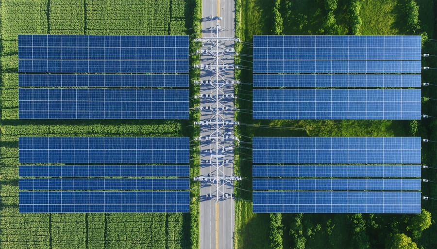 Modern electrical grid system showing interconnected power lines, transformers, and solar installations across an Illinois community