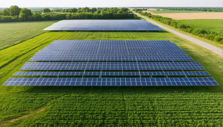 Aerial photograph of solar panels integrated with Illinois agricultural land