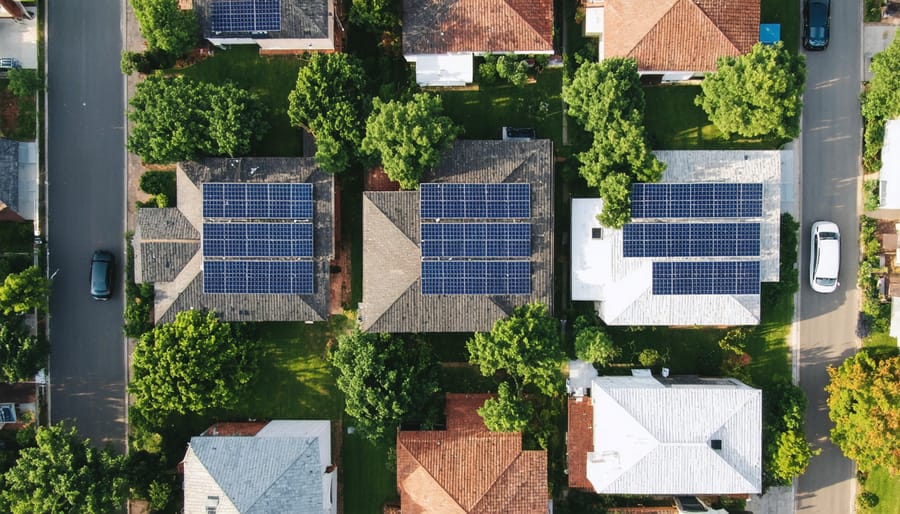 Bird's eye view of Illinois suburban homes featuring shared solar panel installations