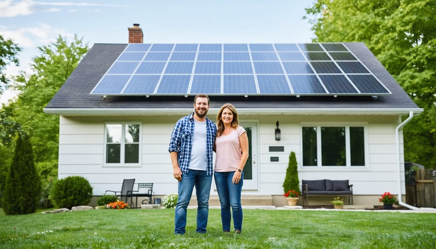 Smiling Illinois family standing in front of their solar-powered home