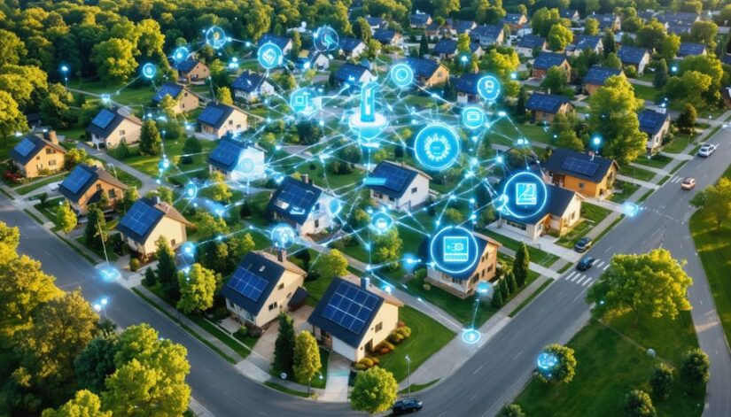 Aerial view of an Illinois neighborhood exemplifying connected communities, featuring solar panels on rooftops and smart grid technology demonstrating advanced energy sharing systems.