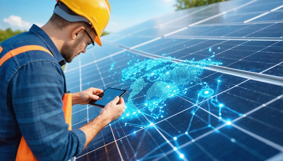 Professional installing IoT sensors on residential solar panel system