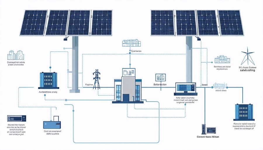 Diagram illustrating how microgrids connect solar power systems to local buildings and infrastructure