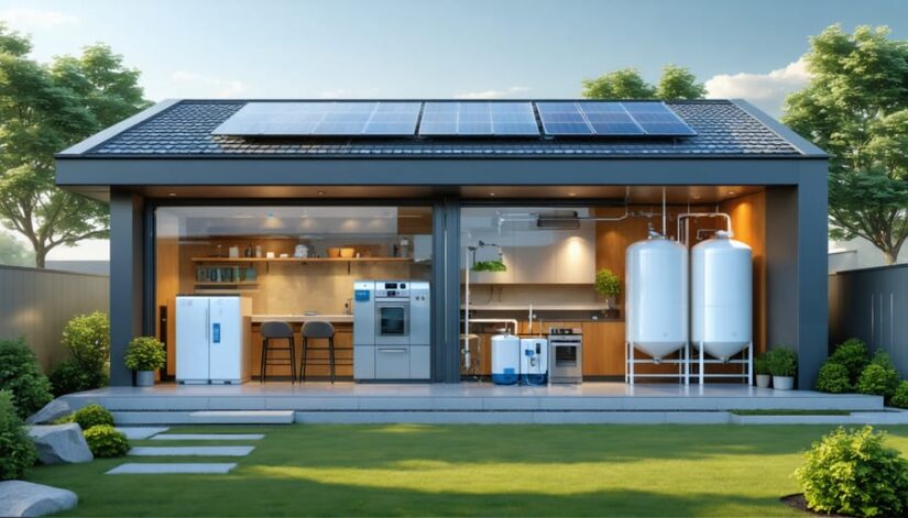 Conceptual illustration of a modern home utilizing an integrated hydrogen energy system, featuring solar panels, hydrogen storage tanks, and hydrogen-powered appliances for sustainable living.