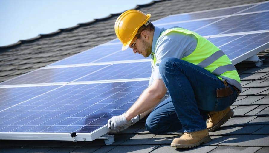 Solar technician performing roof integrity assessment with measurement tools