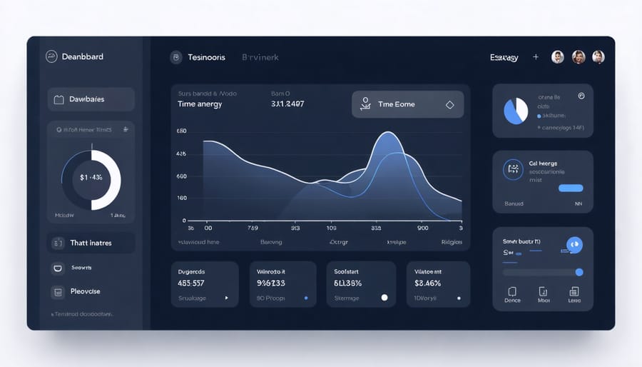 Digital interface displaying home energy consumption data, smart device status, and control options