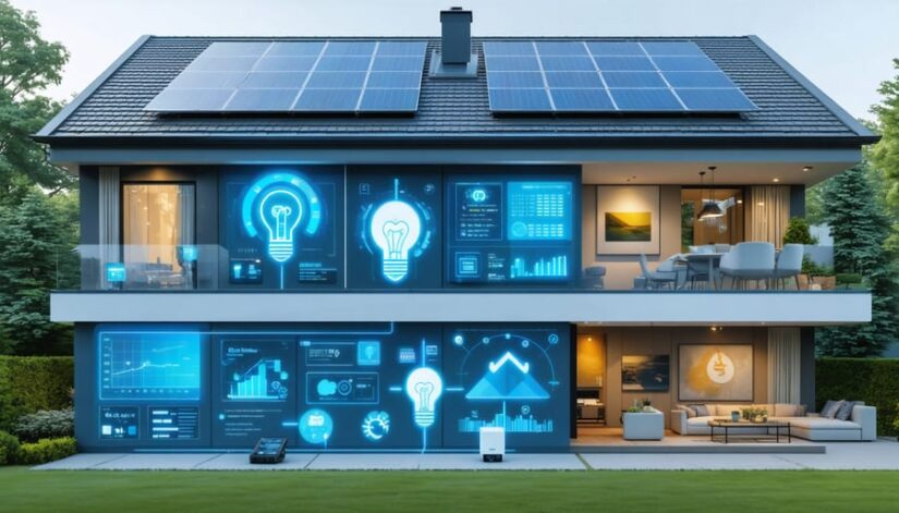 A contemporary home equipped with solar panels and a digital interface showing energy data; smart devices including thermostat and lighting controls illustrate efficient energy management.