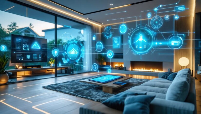 Interior of a smart home showcasing energy-efficient devices and a digital dashboard on a tablet that tracks real-time energy savings and solar panel optimization.