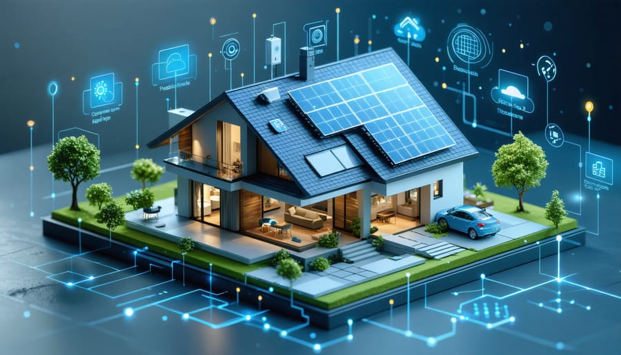 3D diagram of smart home IoT integration with solar panels and connected devices