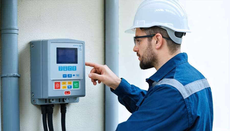 Technician working with smart meter system showing real-time energy monitoring display