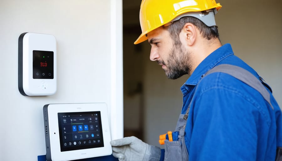 Technician installing and configuring smart home energy monitoring system components