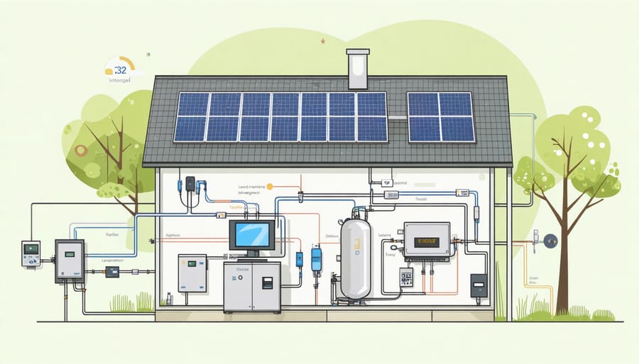 Infographic showing how solar panels connect to hydrogen storage and distribution system in a home