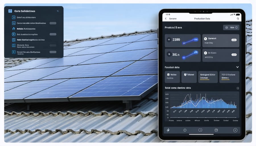 Solar panel installation with real-time monitoring data shown on tablet screen