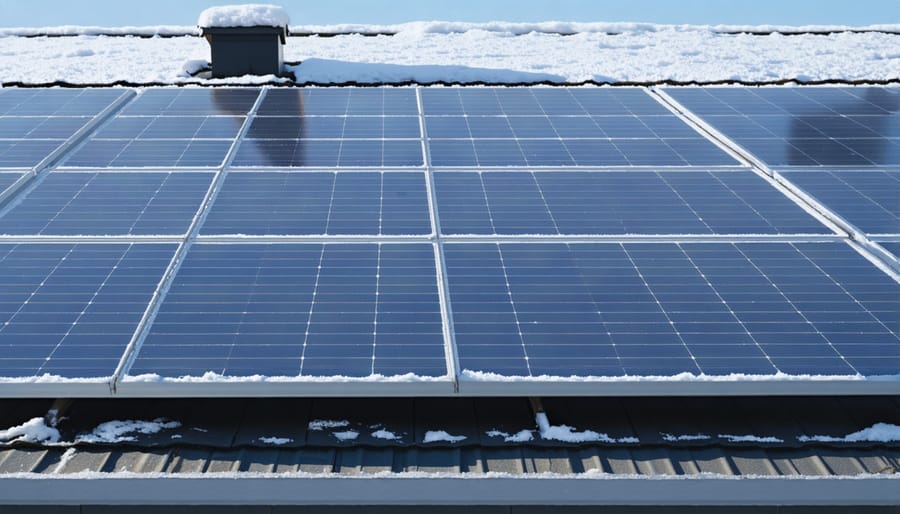 Solar installation partially covered with snow during winter conditions