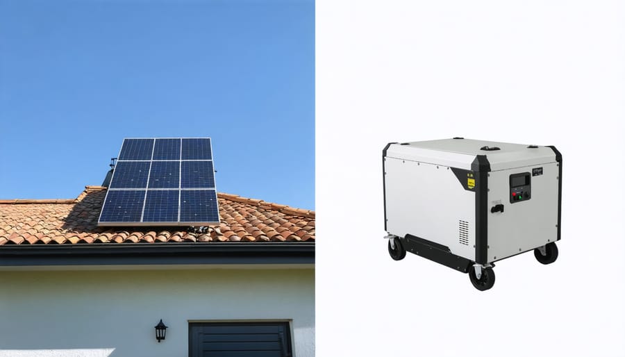 Visual comparison showing a portable solar generator unit next to a house with installed solar panels
