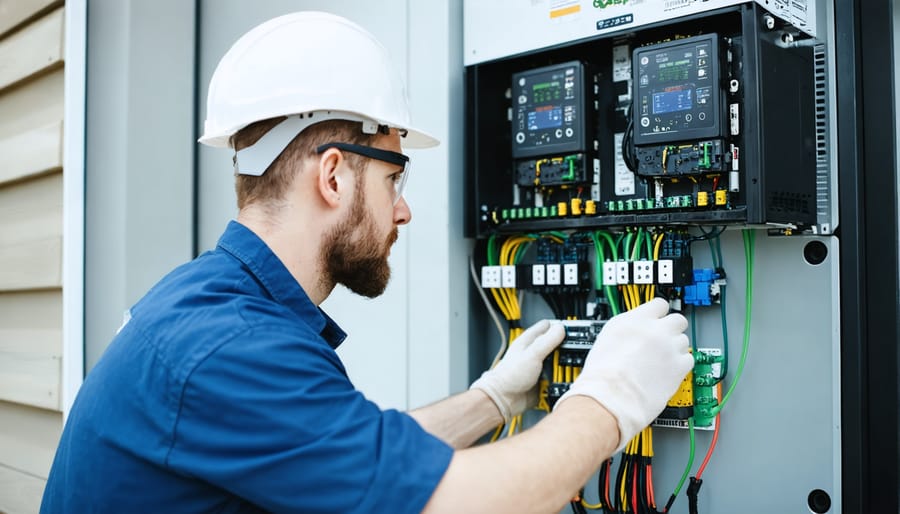 Professional technician conducting routine maintenance on home battery system
