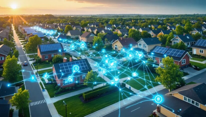 "Conceptual illustration of an Illinois neighborhood connected through decentralized energy networks, featuring homes with solar panels and battery storage linked by smart grids."