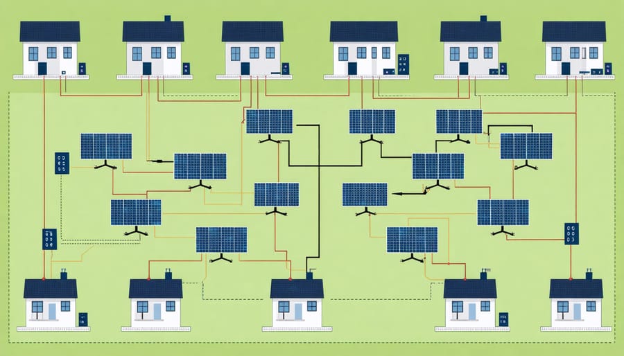 Illustration of decentralized energy storage network connecting multiple residential properties with battery systems and solar panels