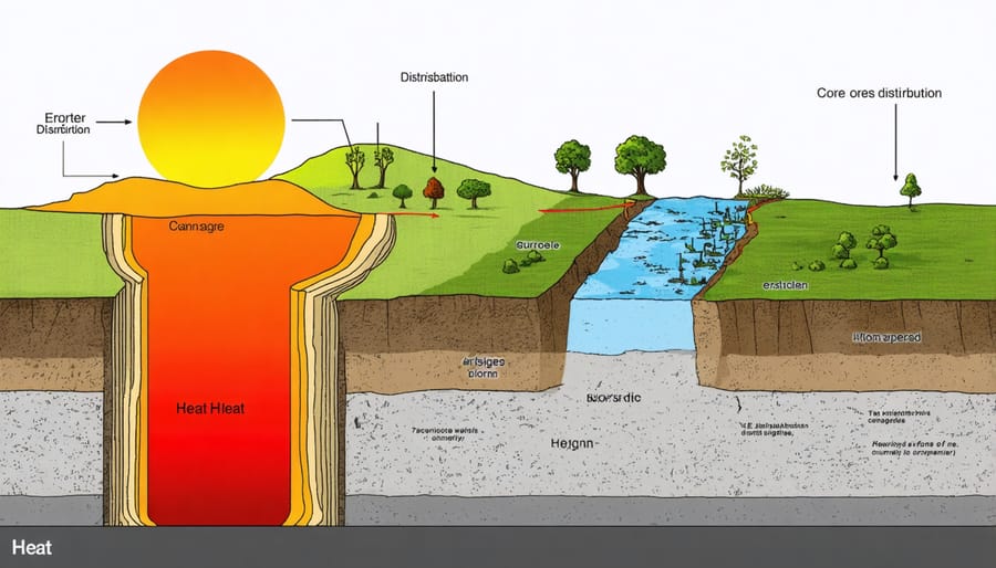 Illustrated diagram showing Earth's internal layers and heat flow from core to crust