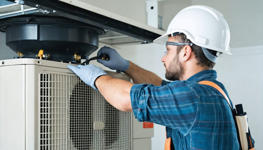 Professional installer mounting an ERV unit and connecting ductwork