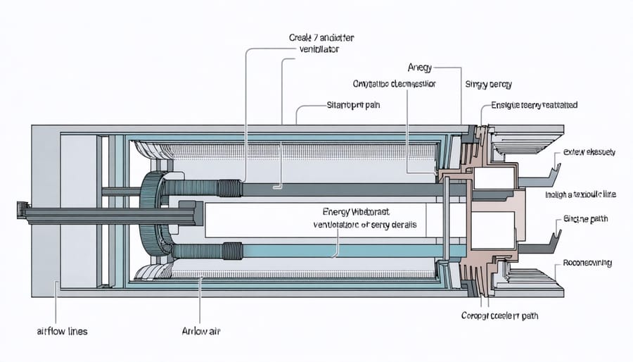 Technical diagram showing how air flows through an ERV system with labeled components