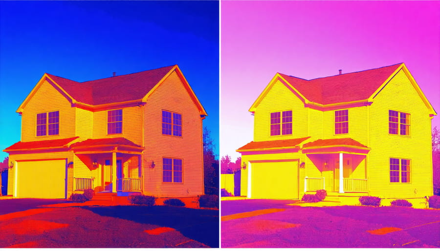 Split thermal image showing heat loss reduction in a house after ERV installation