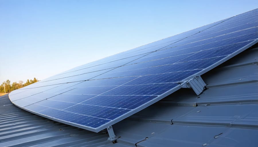 Installation of thin-film flexible solar panels conforming to a curved metal roof