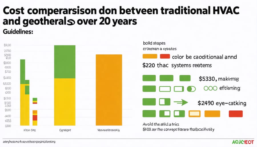 Line graph comparing long-term costs of geothermal versus conventional heating systems