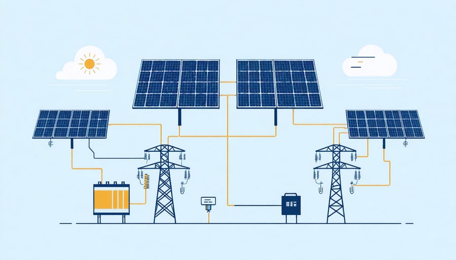 Technical illustration of hybrid energy system components showing solar panels connected to batteries and the power grid