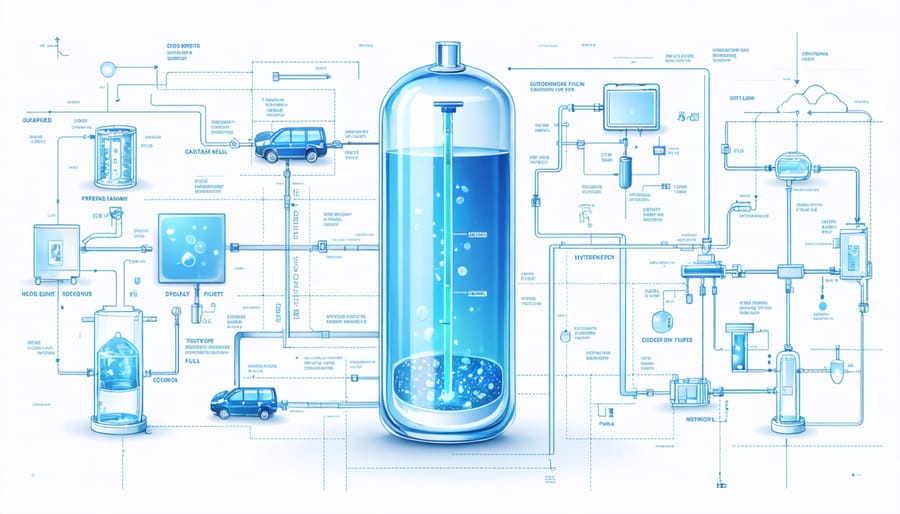 Technical illustration of hydrogen fuel cell system components and operation