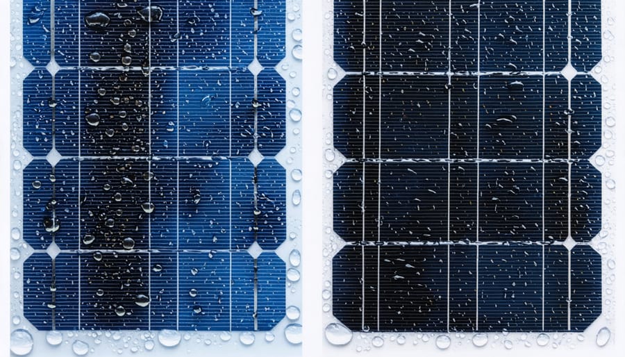 Side-by-side comparison showing water beading on hydrophobic-coated solar panel versus water spreading on untreated panel