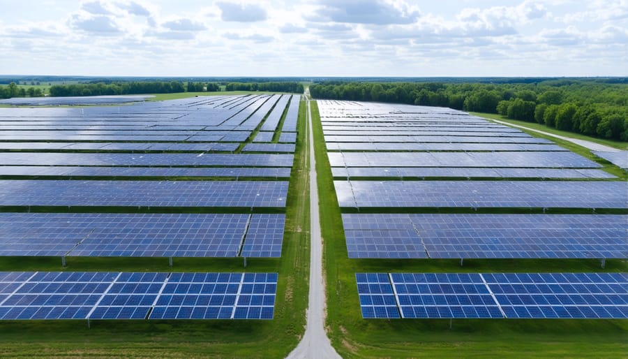 Split-screen aerial photograph showing an Illinois solar farm during sunny and cloudy conditions