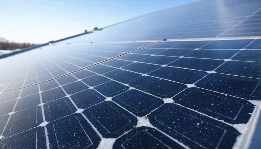 Solar panels covered in snow with maintenance crew working in winter weather