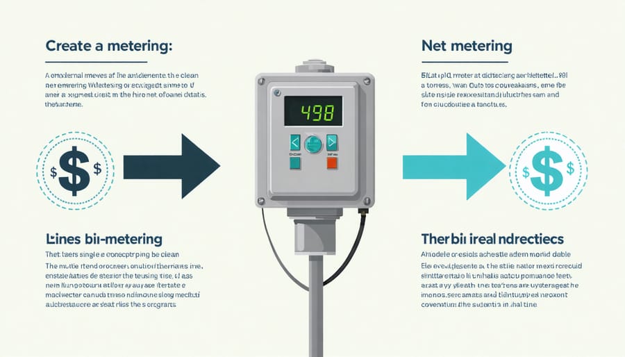 Visual diagram of how net metering works with electricity flowing both to and from a home