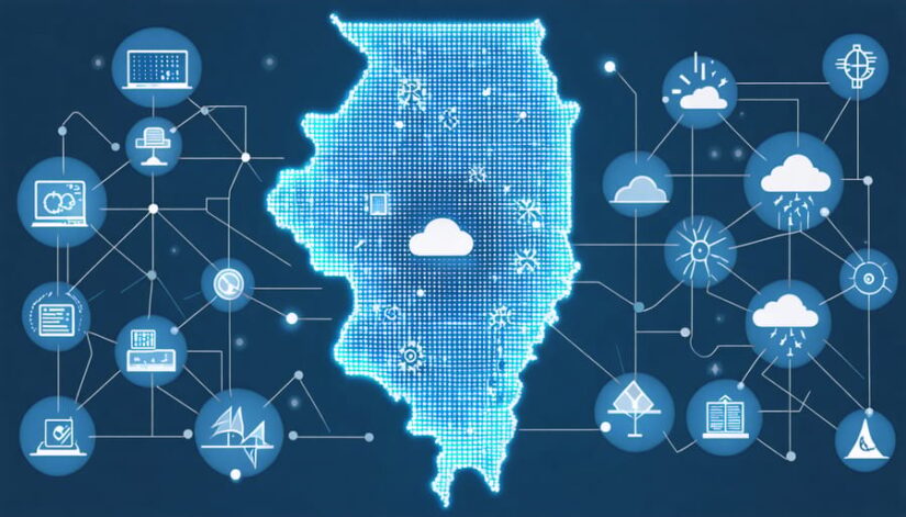 Conceptual illustration showing a network of interconnected solar supply routes in Illinois, featuring diverse supplier connections, local partnerships, and digital monitoring tools, with weather elements like snow to represent regional challenges.