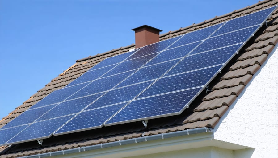 Workers installing traditional rigid solar panels with mounting hardware on a sloped roof