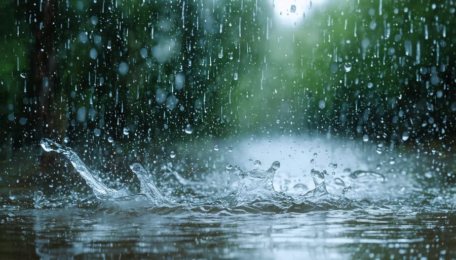 Four-panel sequence showing dirt being naturally cleaned off a hydrophobic-coated solar panel during rain